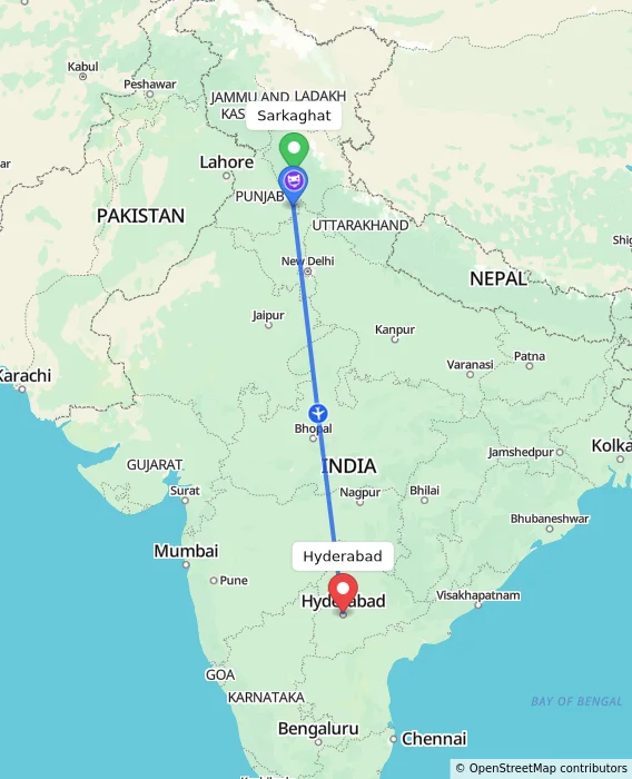 Route map showing distance and travel time from Sarkaghat, India to Hyderabad, India