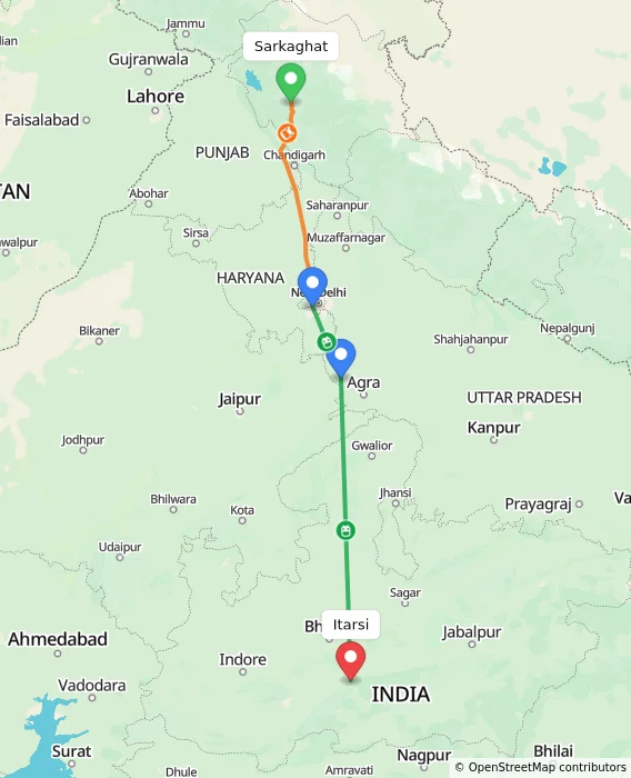 Route map showing distance and travel time from Sarkaghat, India to Itarsi, India