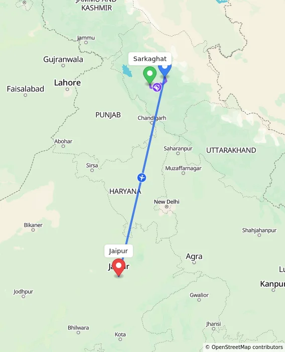 Route map showing distance and travel time from Sarkaghat, India to Jaipur, India
