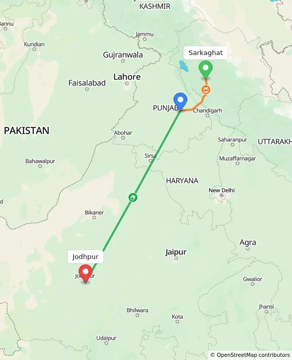 Route map showing distance and travel time from Sarkaghat, India to Jodhpur, India