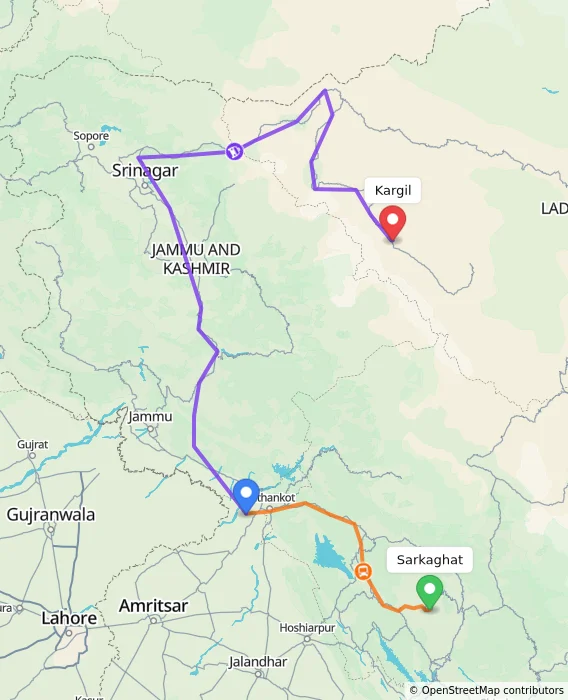 Route map showing distance and travel time from Sarkaghat, India to Kargil, India
