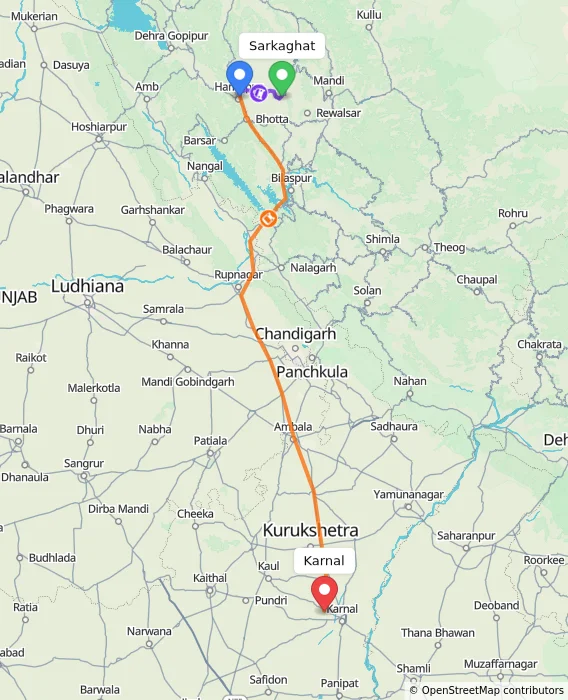 Route map showing distance and travel time from Sarkaghat, India to Karnal, India