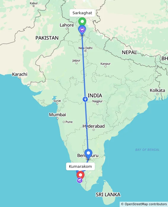 Route map showing distance and travel time from Sarkaghat, India to Kumarakom, India