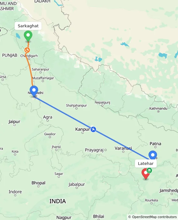Route map showing distance and travel time from Sarkaghat, India to Latehar, India