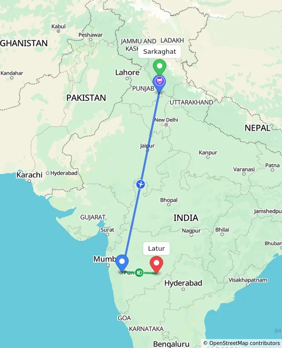 Route map showing distance and travel time from Sarkaghat, India to Latur, India