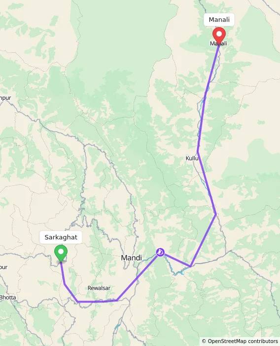 Route map showing distance and travel time from Sarkaghat, India to Manali, India