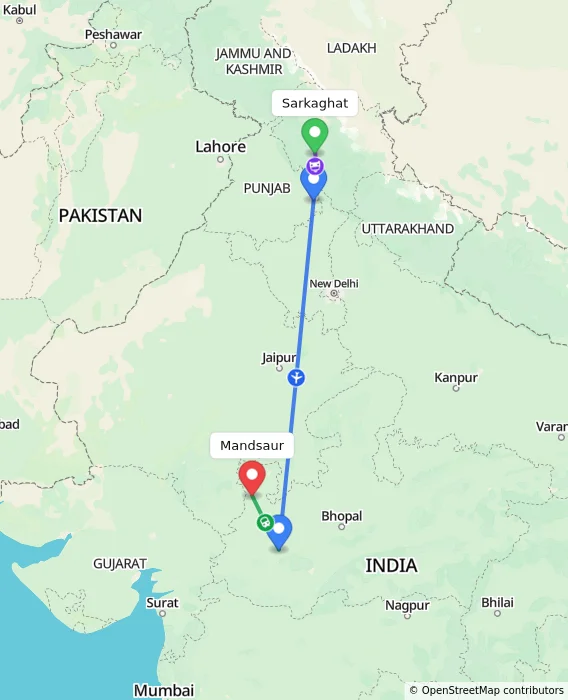 Route map showing distance and travel time from Sarkaghat, India to Mandsaur, India