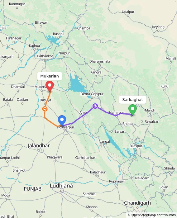 Route map showing distance and travel time from Sarkaghat, India to Mukerian, India