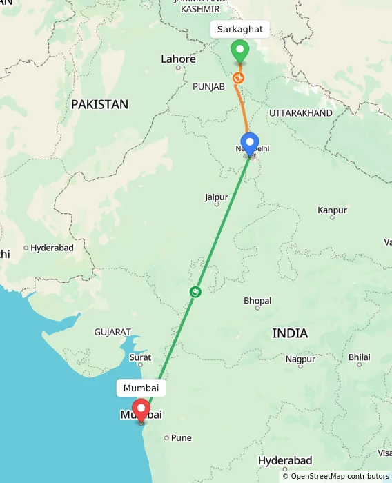 Route map showing distance and travel time from Sarkaghat, India to Mumbai, India