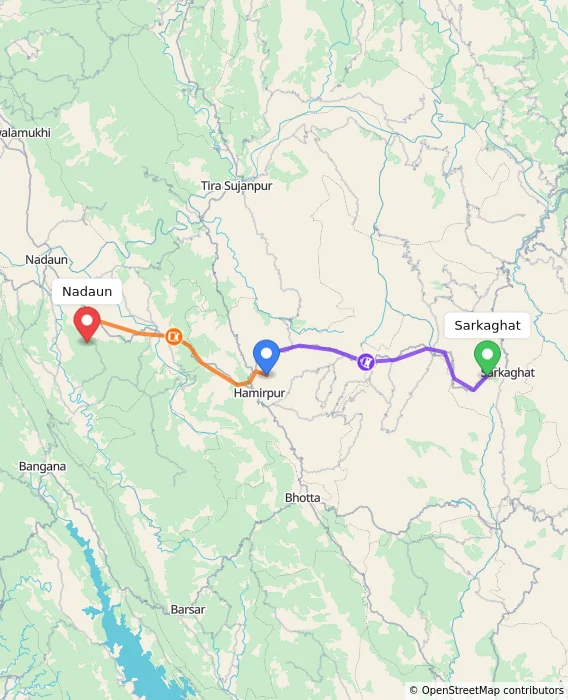 Route map showing distance and travel time from Sarkaghat, India to Nadaun, India