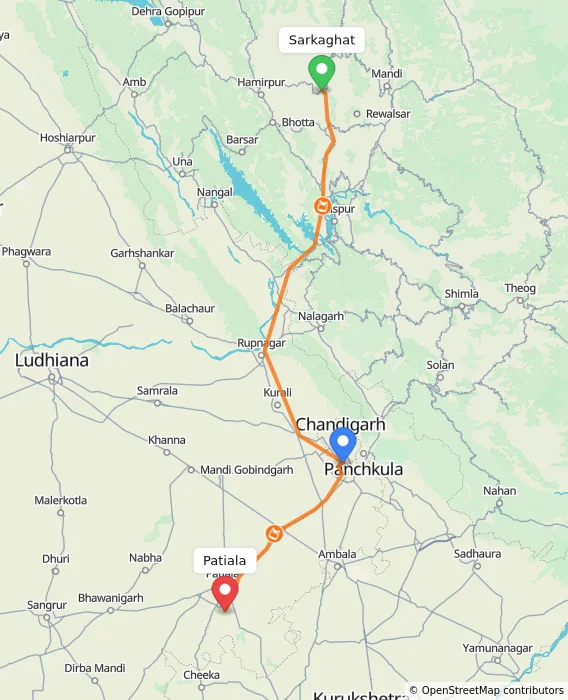 Route map showing distance and travel time from Sarkaghat, India to Patiala, India
