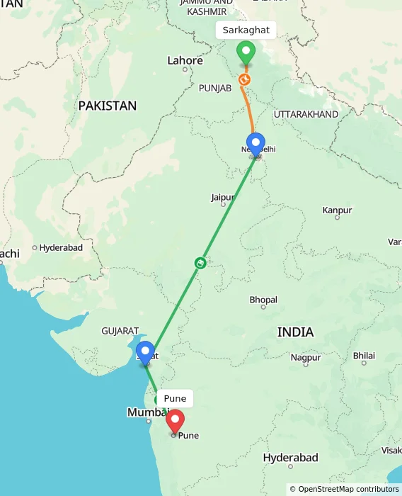 Route map showing distance and travel time from Sarkaghat, India to Pune, India