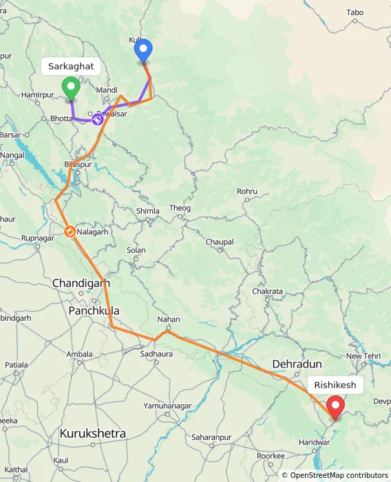 Route map showing distance and travel time from Sarkaghat, India to Rishikesh, India