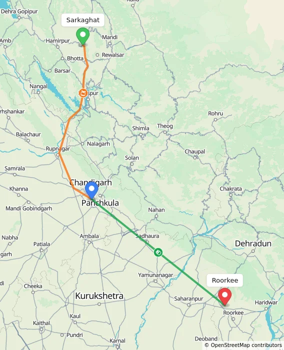Route map showing distance and travel time from Sarkaghat, India to Roorkee, India
