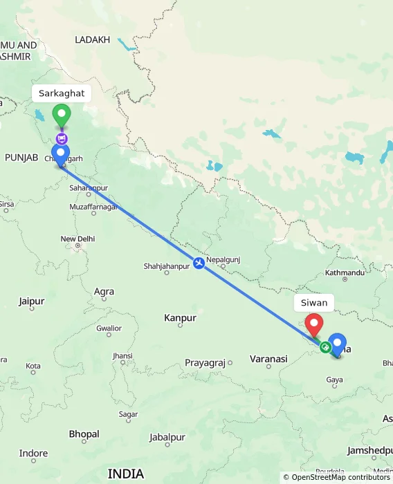 Route map showing distance and travel time from Sarkaghat, India to Siwan, India