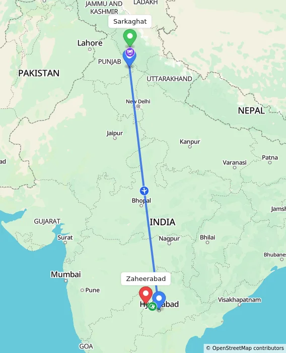 Route map showing distance and travel time from Sarkaghat, India to Zaheerabad, India