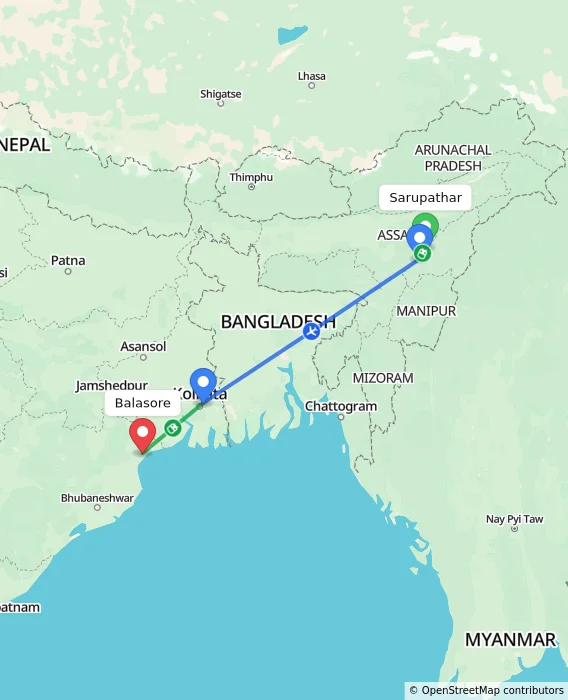Route map showing distance and travel time from Sarupathar, India to Balasore, India