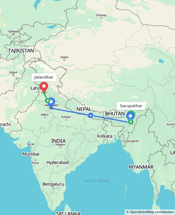 Route map showing distance and travel time from Sarupathar, India to Jalandhar, India