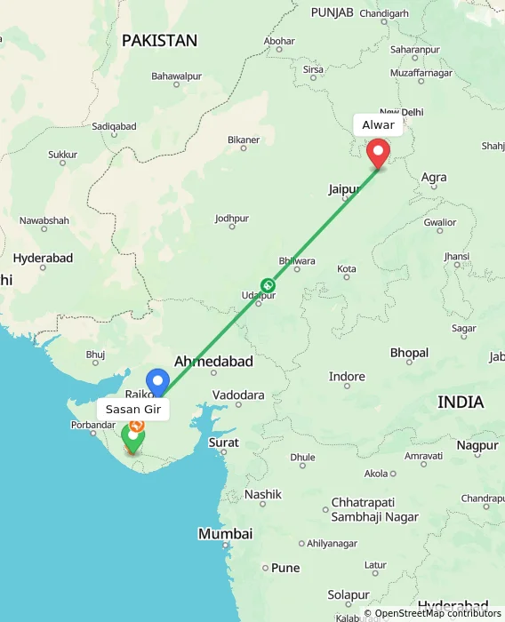 Route map showing distance and travel time from Sasan Gir, India to Alwar, India