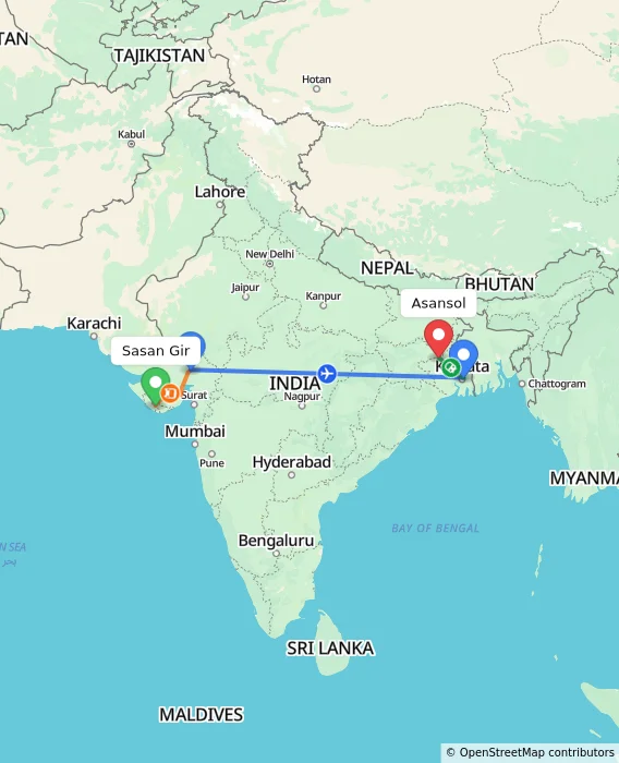Route map showing distance and travel time from Sasan Gir, India to Asansol, India
