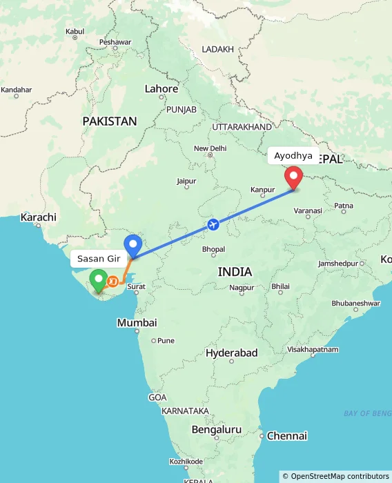 Route map showing distance and travel time from Sasan Gir, India to Ayodhya, India