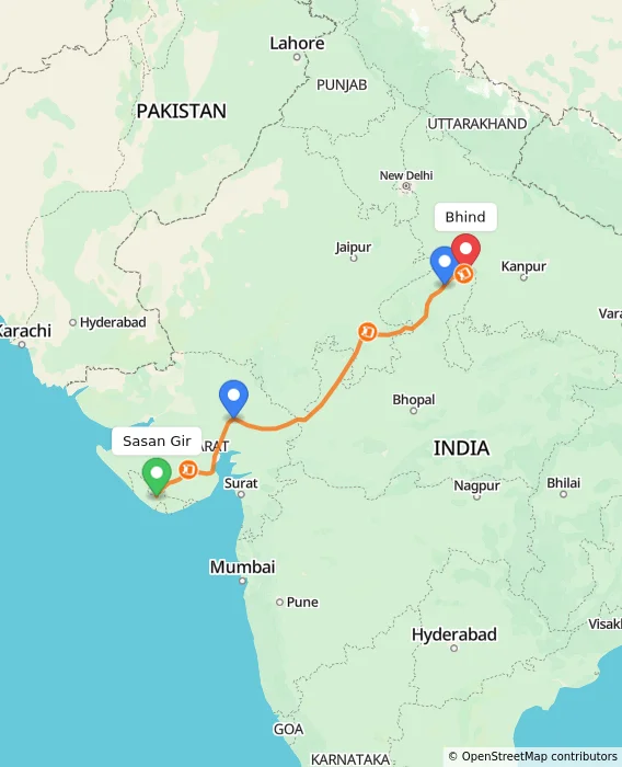 Route map showing distance and travel time from Sasan Gir, India to Bhind, India