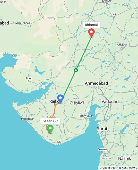 Route map showing distance and travel time from Sasan Gir, India to Bhinmal, India
