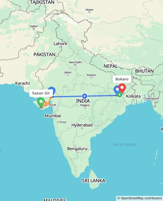 Route map showing distance and travel time from Sasan Gir, India to Bokaro, India