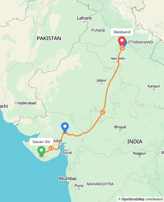 Route map showing distance and travel time from Sasan Gir, India to Deoband, India