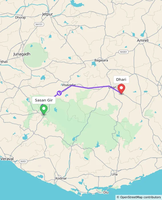 Route map showing distance and travel time from Sasan Gir, India to Dhari, India
