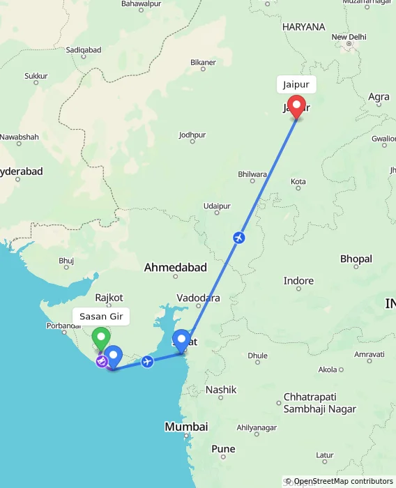 Route map showing distance and travel time from Sasan Gir, India to Jaipur, India