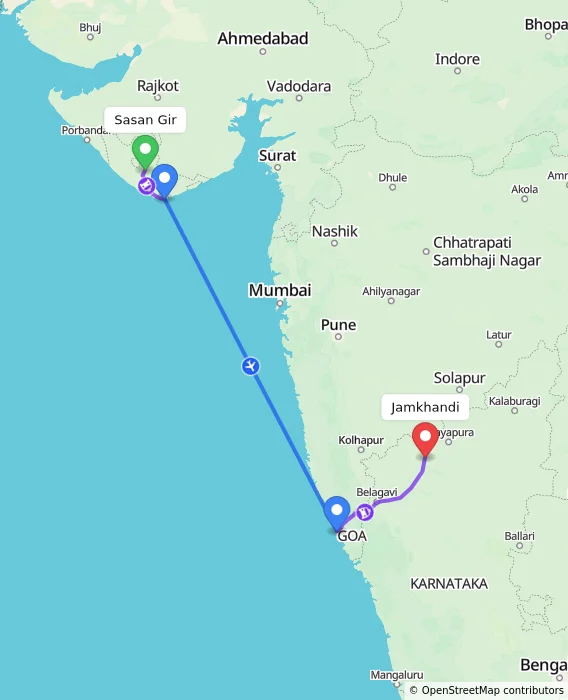 Route map showing distance and travel time from Sasan Gir, India to Jamkhandi, India