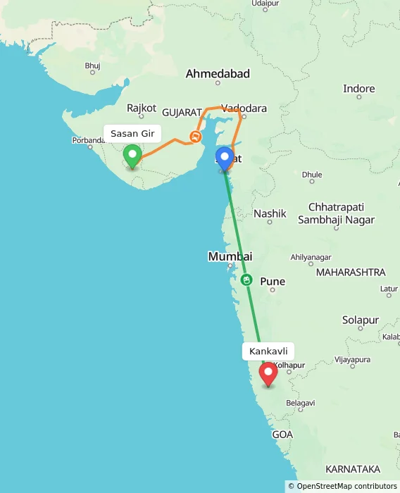 Route map showing distance and travel time from Sasan Gir, India to Kankavli, India
