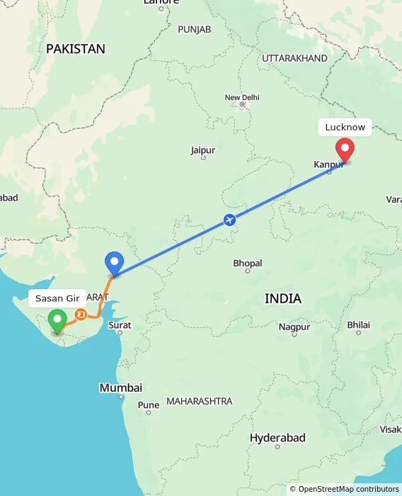 Route map showing distance and travel time from Sasan Gir, India to Lucknow, India