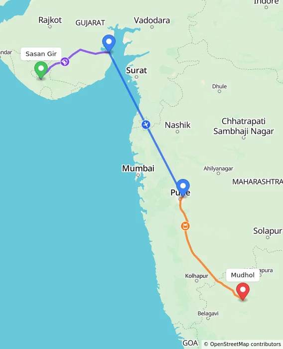 Route map showing distance and travel time from Sasan Gir, India to Mudhol, India