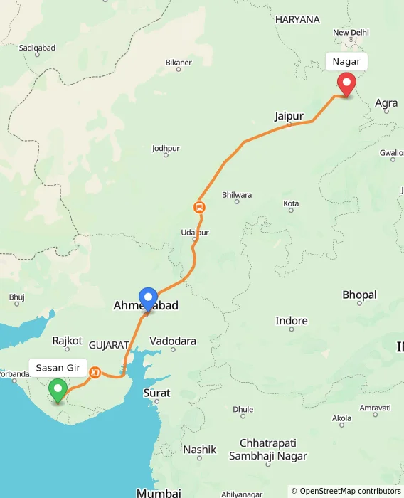 Route map showing distance and travel time from Sasan Gir, India to Nagar, India