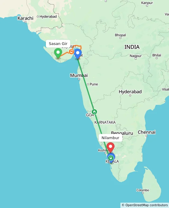 Route map showing distance and travel time from Sasan Gir, India to Nilambur, India
