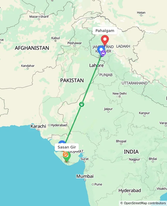 Route map showing distance and travel time from Sasan Gir, India to Pahalgam, India