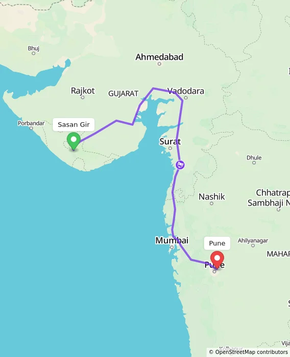 Route map showing distance and travel time from Sasan Gir, India to Pune, India