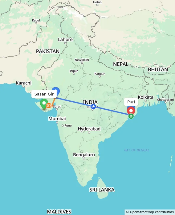 Route map showing distance and travel time from Sasan Gir, India to Puri, India