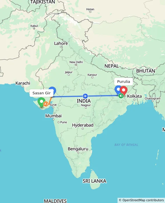 Route map showing distance and travel time from Sasan Gir, India to Purulia, India