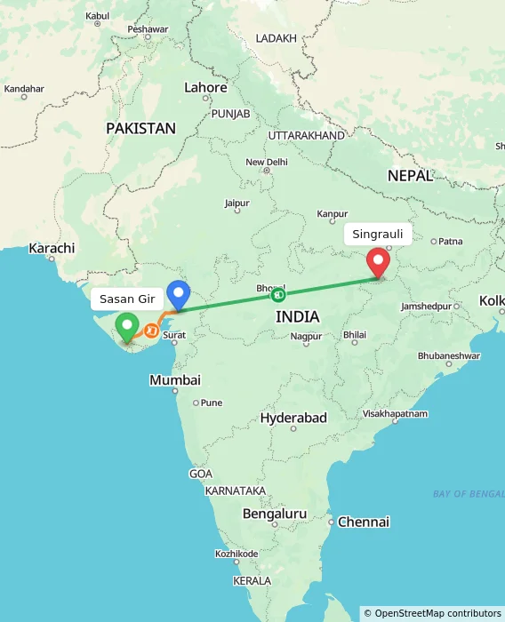 Route map showing distance and travel time from Sasan Gir, India to Singrauli, India