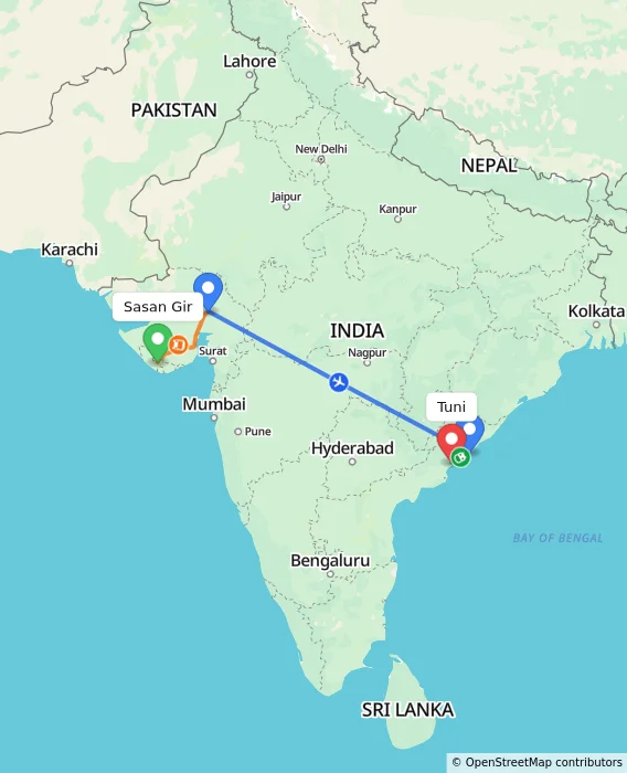 Route map showing distance and travel time from Sasan Gir, India to Tuni, India