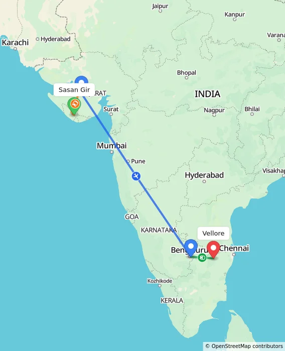 Route map showing distance and travel time from Sasan Gir, India to Vellore, India
