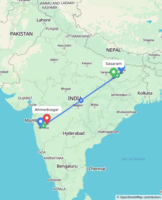 Route map showing distance and travel time from Sasaram, India to Ahmednagar, India