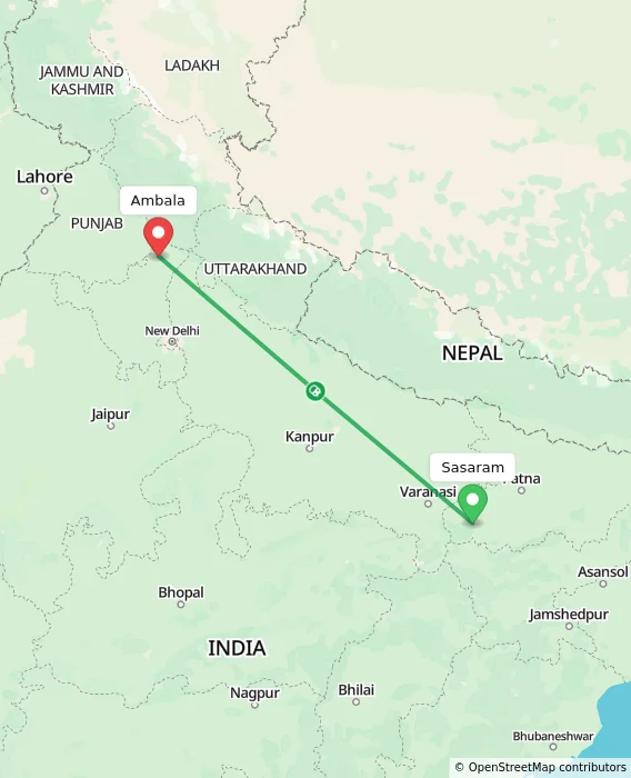 Route map showing distance and travel time from Sasaram, India to Ambala, India