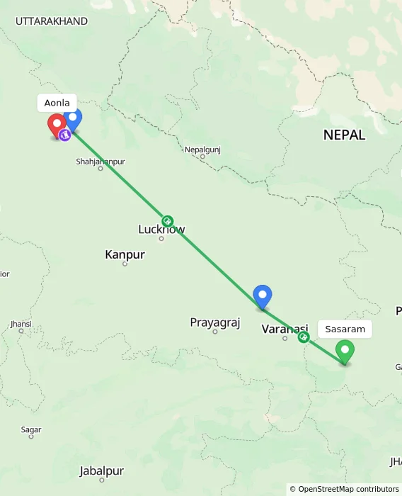 Route map showing distance and travel time from Sasaram, India to Aonla, India