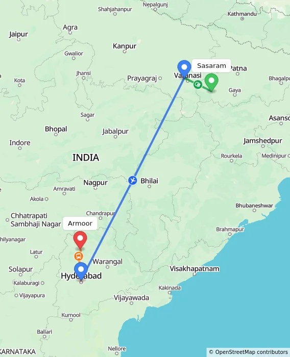 Route map showing distance and travel time from Sasaram, India to Armoor, India