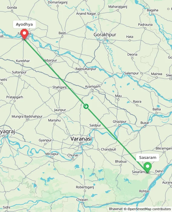 Route map showing distance and travel time from Sasaram, India to Ayodhya, India