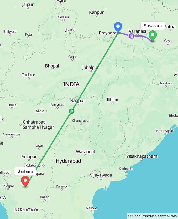 Route map showing distance and travel time from Sasaram, India to Badami, India